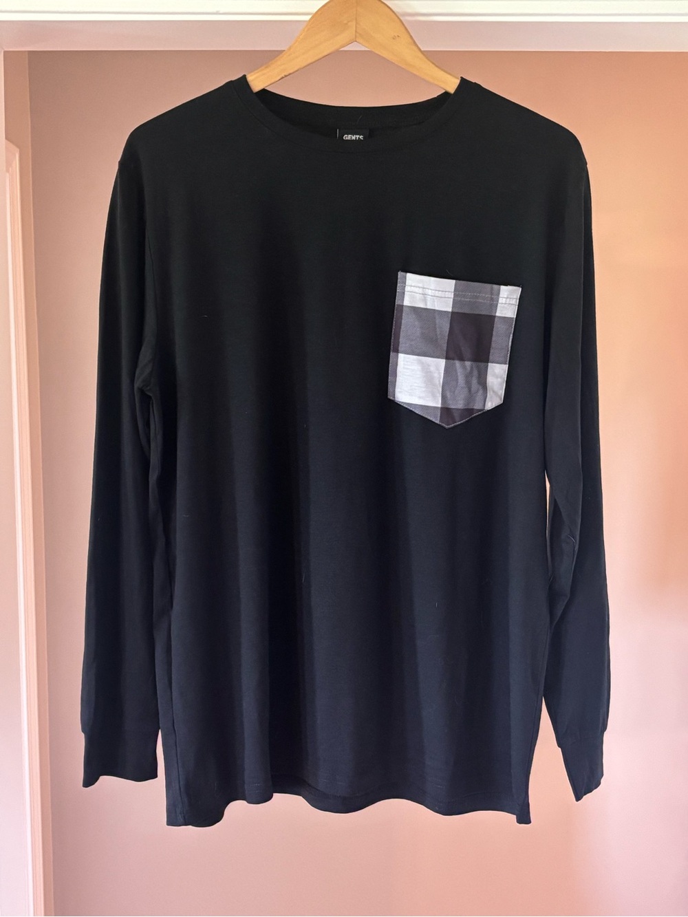 Bliss Black Long Sleeve Tee with Gray Plaid Pocket
